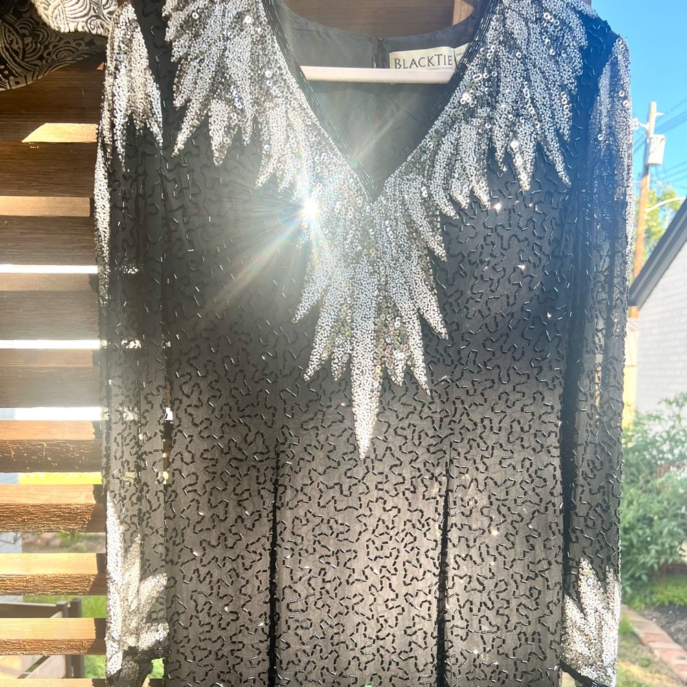 Vintage Oleg Cassini BLACK TIE  Formal SILK Gown Occasion Event Evening Sequined - Picture 2 of 16